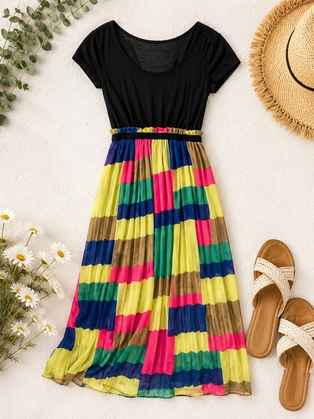 Colorblock Pleated Maxi Dress Rainbow Boho S